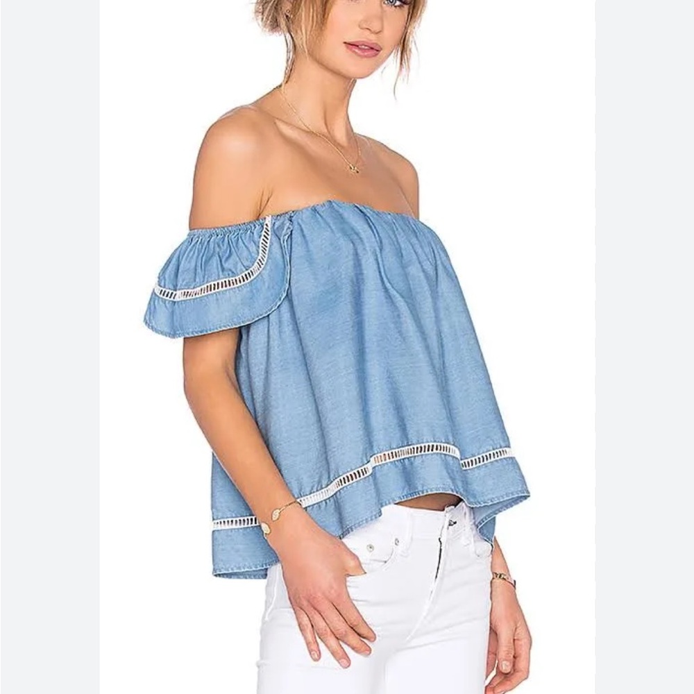 Lovers + Friends Life’s a beach Denim Top Small Revolvee Off the Shoulder